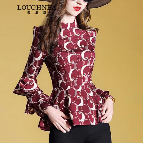 loughnea輕奢品牌女裝上衣女立領印花喇叭袖春裝2018新款襯衣女百搭